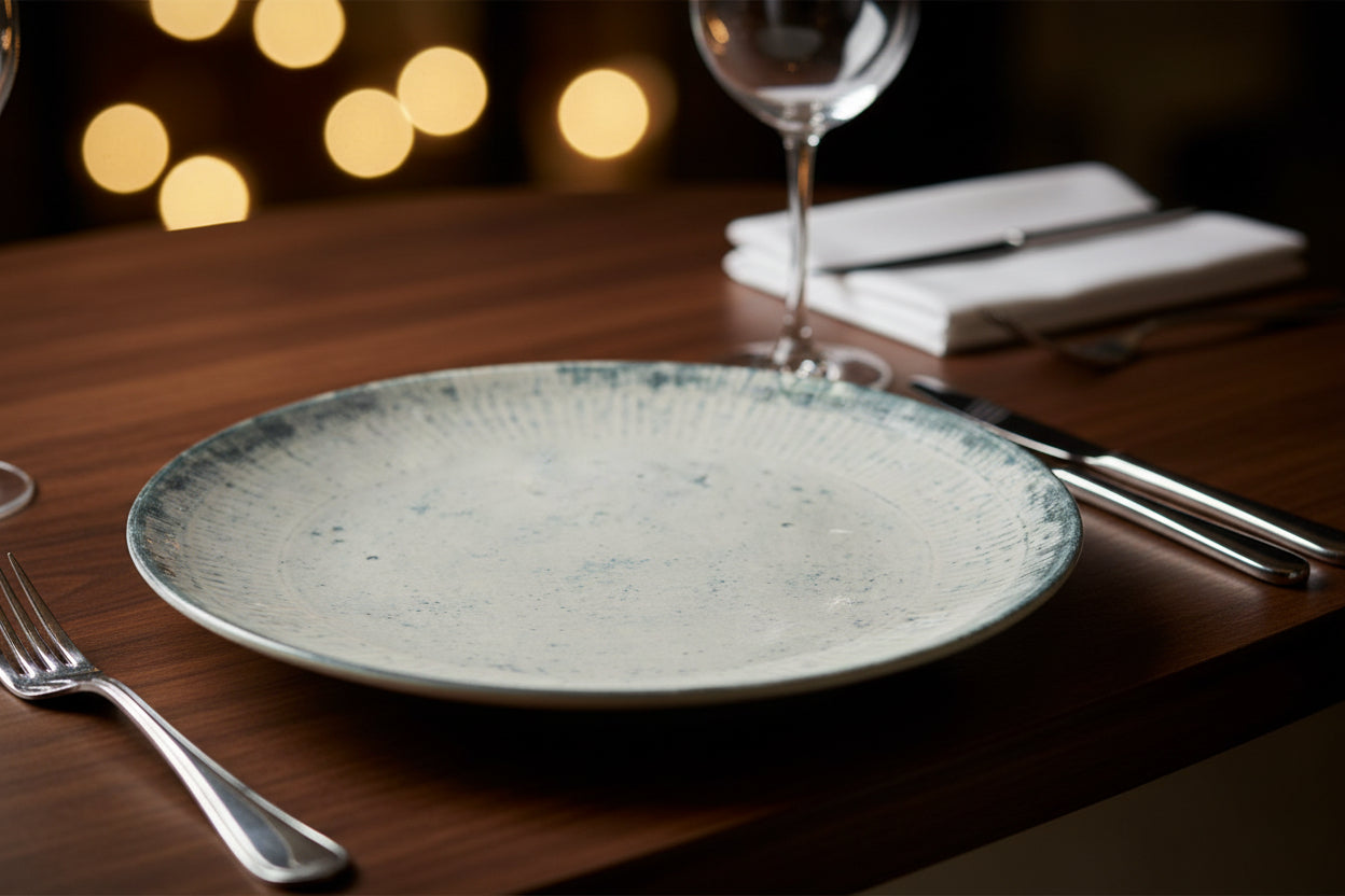 A round ceramic plate with a textured off-white glaze and a dark gray-blue rim, shown from a top-down view on a white background.