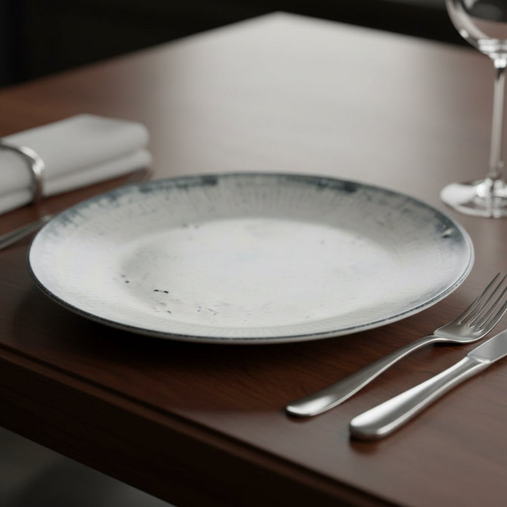 A round ceramic plate with a distressed, textured glaze in shades of gray, blue, and white, shown from a top-down view on a solid white background.