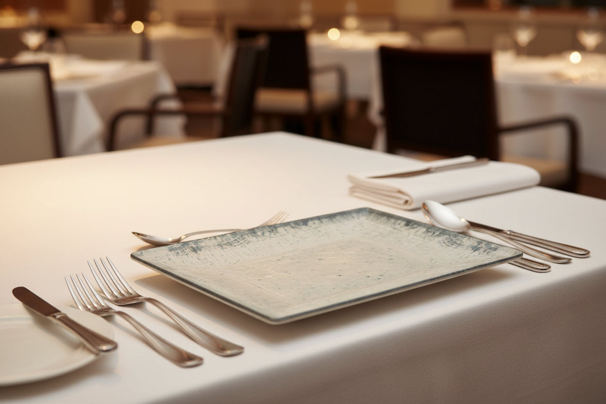 A rectangular ceramic serving platter with a distressed, rustic design. The center is a warm off-white/cream glaze, while the border features a textured, dark gray to charcoal blue painted finish.