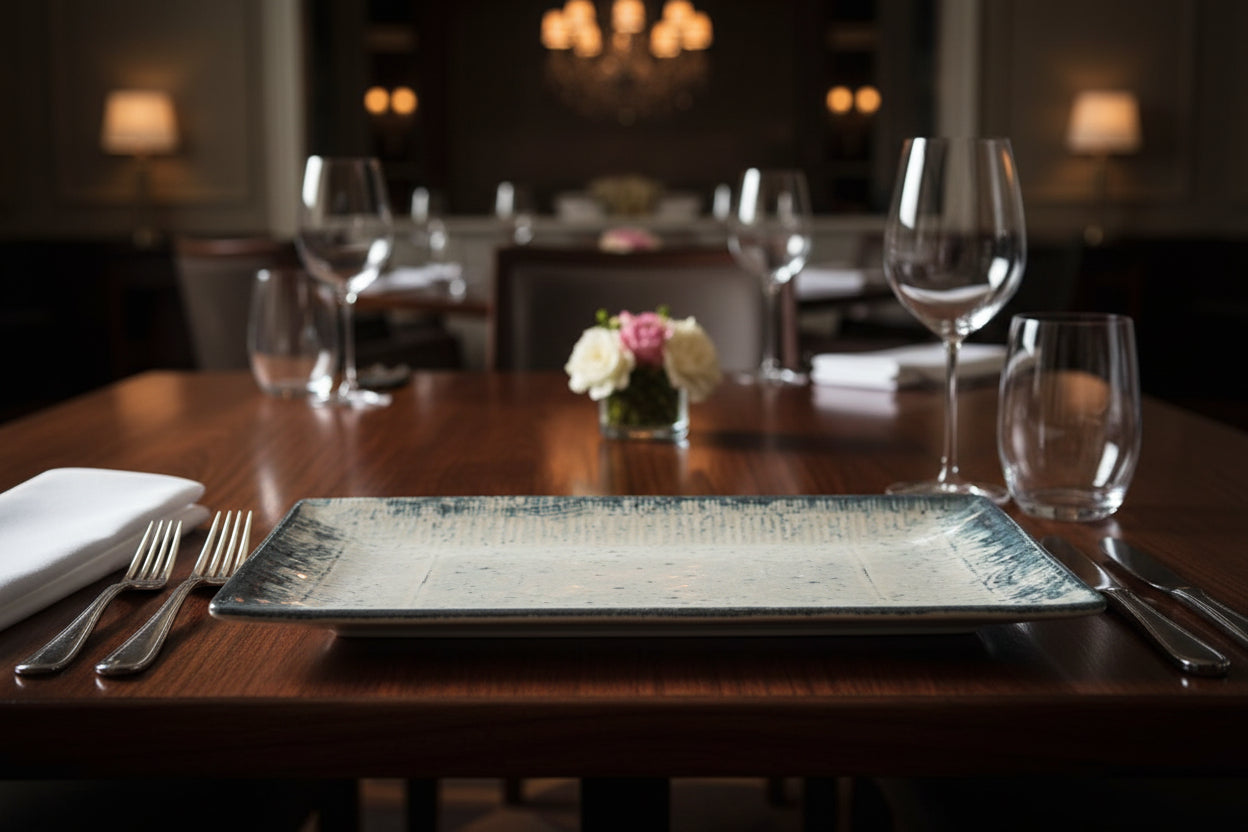 A rectangular ceramic serving platter with a distressed, textured glaze. The center is a warm off-white/cream color, while the border features a dark gray and blue-gray rustic pattern.