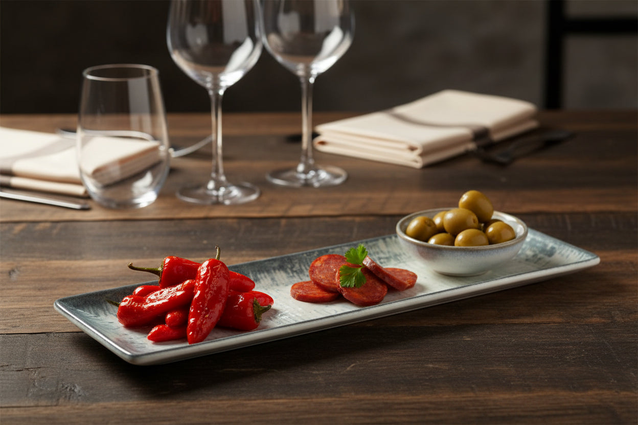 A rectangular ceramic serving platter with a distressed, textured glaze in muted gray and blue-green tones, shown against a plain white background.