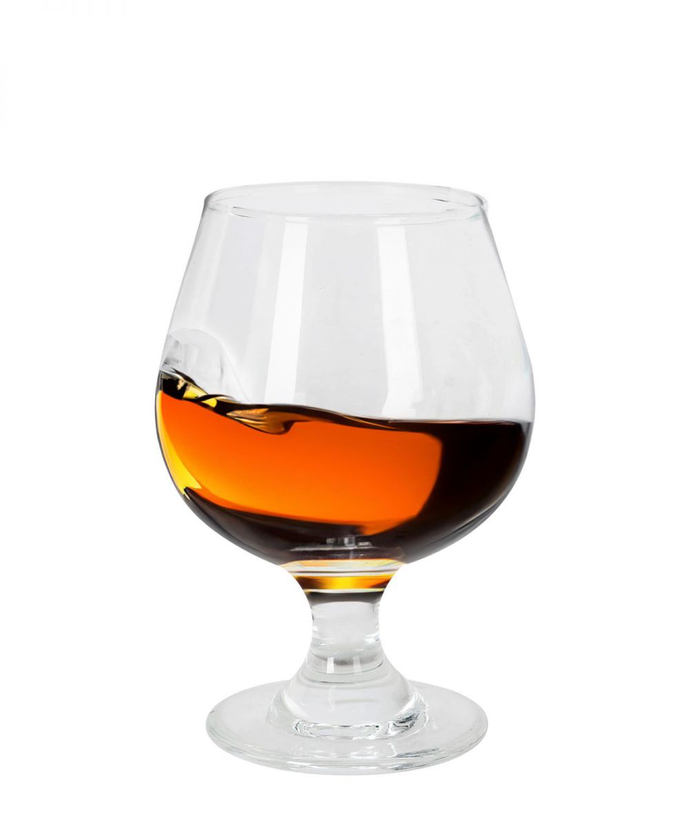Clear glass snifter with amber brandy or cognac in 340ml Bois Fishbowl glass