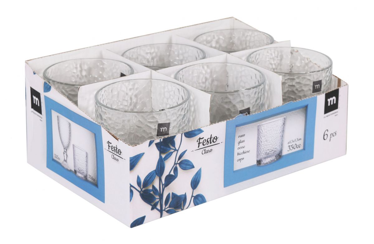 Set of six textured glass tumblers in retail box for cocktails and whisky drinking