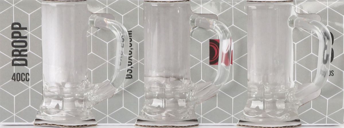 Three clear glass measurement cups with handles for the 3x Mini Tankard Tall Shot Glasses 40ml Dropp