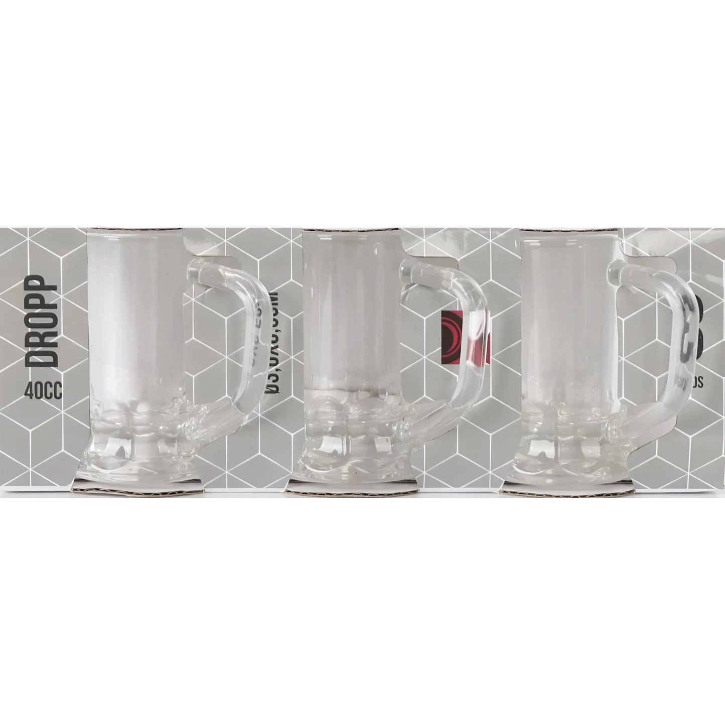 Three clear glass measurement cups with handles for the 3x Mini Tankard Tall Shot Glasses 40ml Dropp