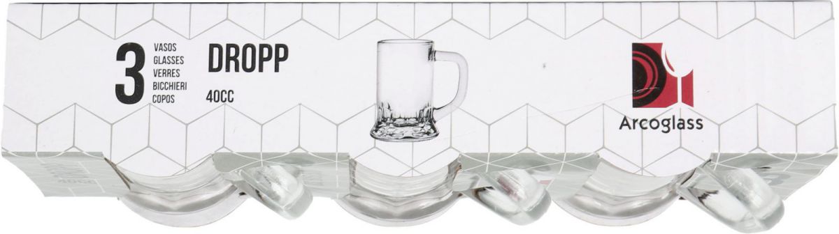 Set of three clear glass beer mugs with handles for the 3x Mini Tankard Tall Shot Glasses 40ml Dropp