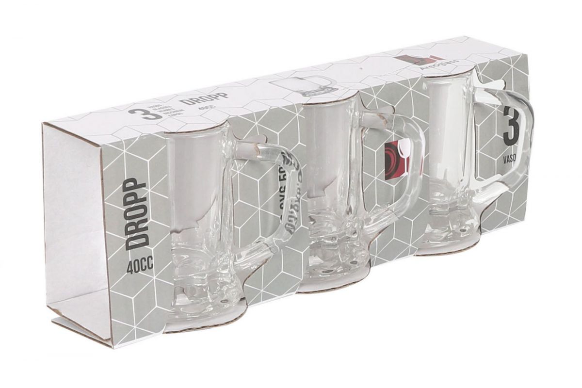 Set of three clear glass beer mugs in retail box for Mini Tankard Tall shot glasses 40ml Dropp