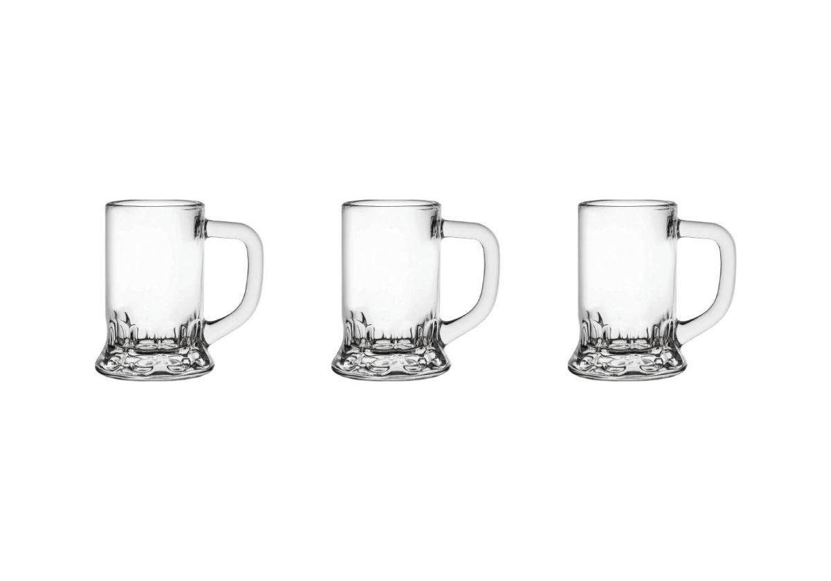 Set of three clear glass beer mugs with handles and textured bases for the 3x Mini Tankard Tall shot glasses 40ml Dropp