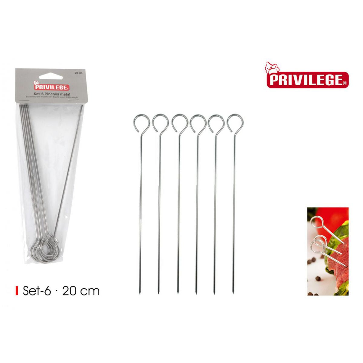 Set of six stainless steel grilling skewers for barbecues and kebabs
