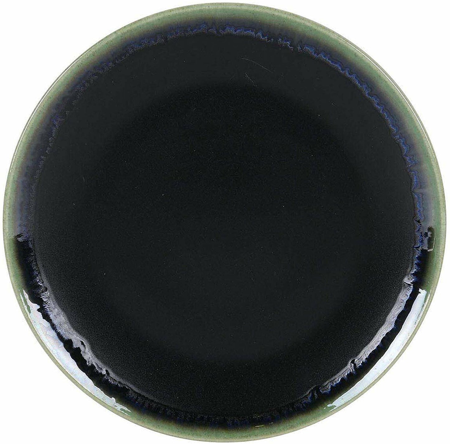 Round 26cm dark blue stoneware dinner plate with green rim