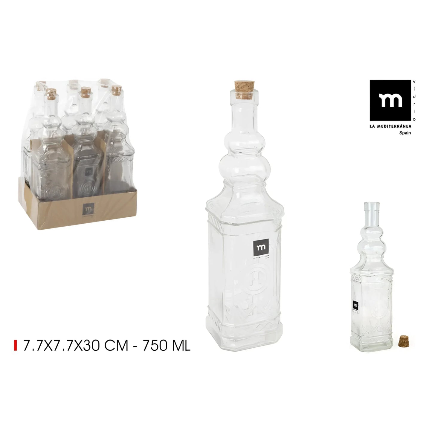 750ml Glass bottle La Mediterranea with cork Embossed design wine olive oil