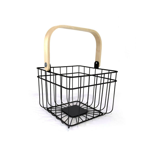 Metal Bastet Black kitchen home organizer fruit basket wood handle 26cm square