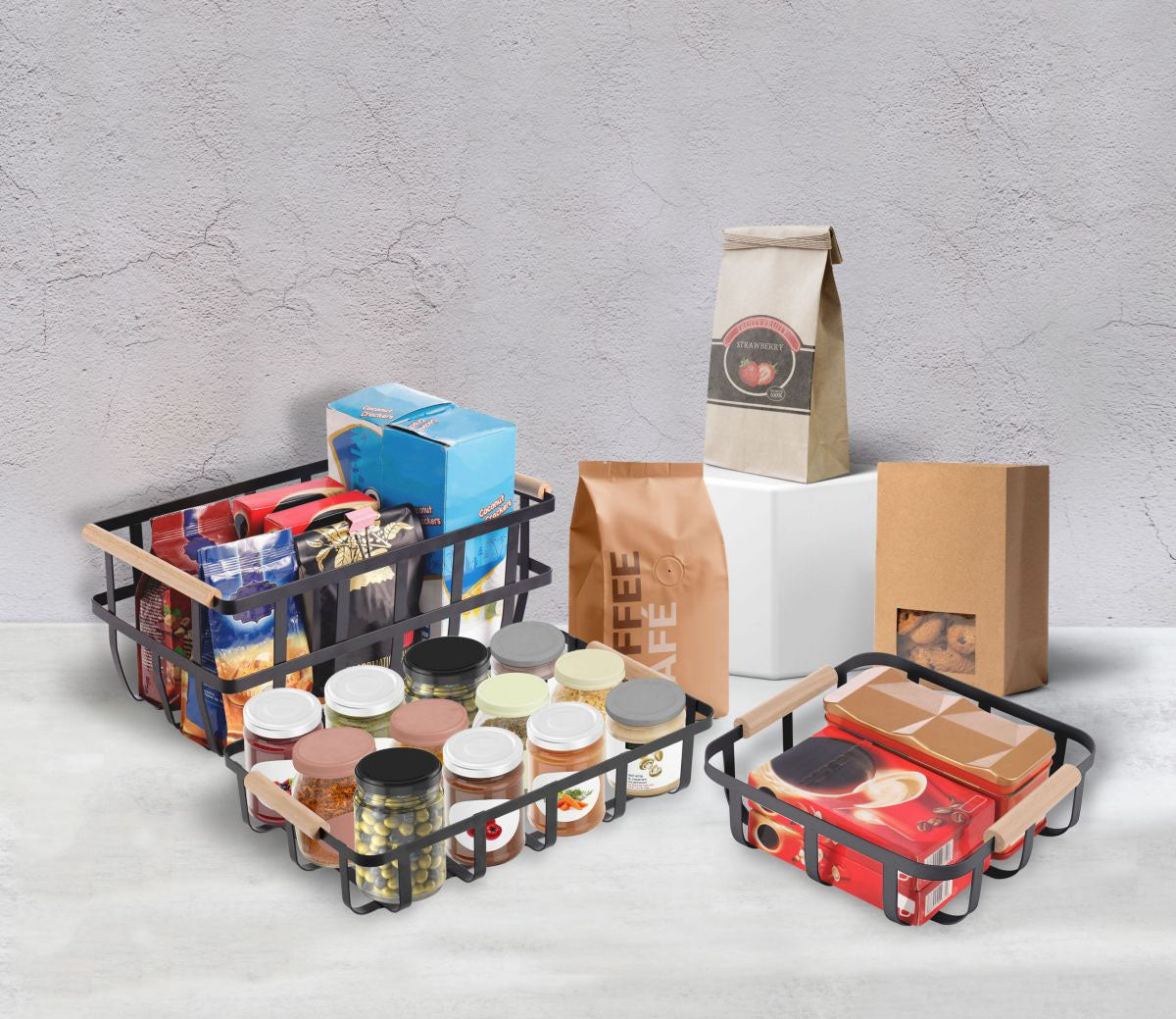 Metal Wood Storage kitchen home basket 23x23x8cm Confortime