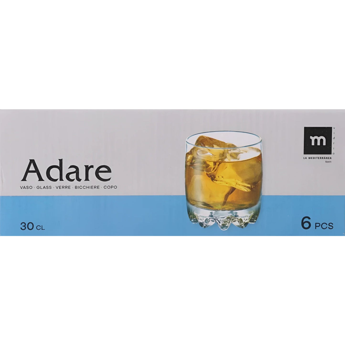Box of six Adare 300ml whisky tumblers made of clear glass