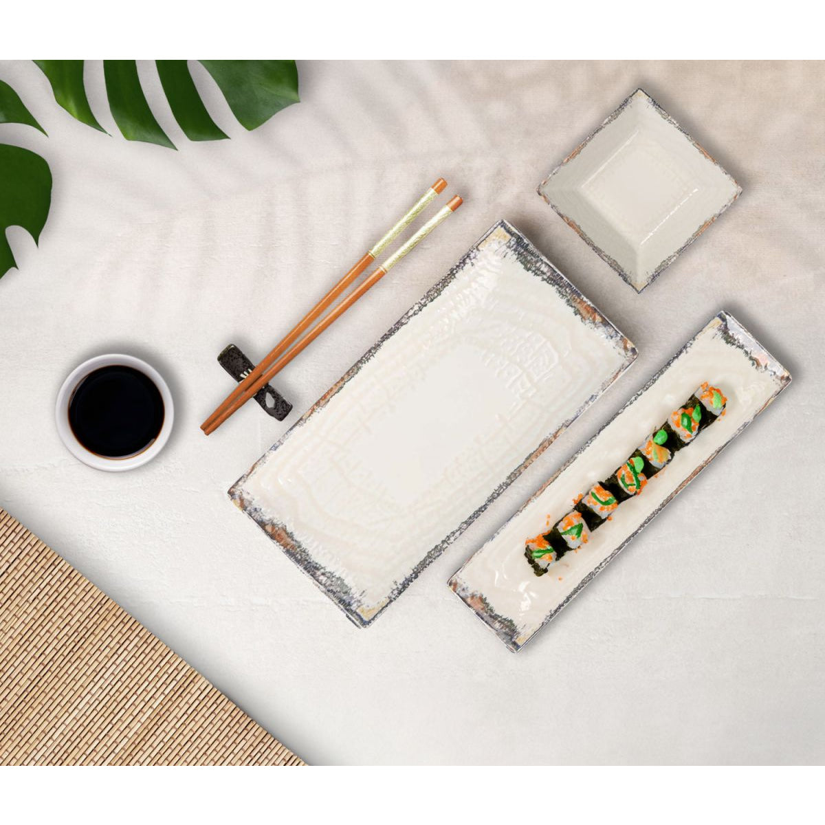Albus square 24x24cm ceramic dinner plate with distressed dark edges, chopsticks, and soy sauce