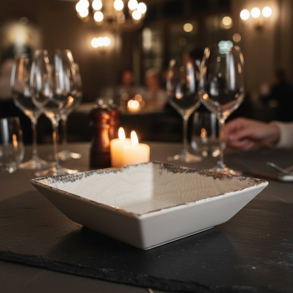 A square white ceramic bowl with a textured interior and a rustic metallic gold-rimmed edge, shown alongside a smaller inset view of the same bowl on a plain white background.