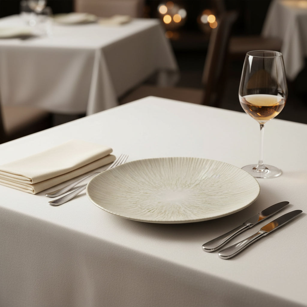 A round ceramic plate with a textured, radial crackle glaze in off-white and light beige tones, photographed from directly above on a solid white background.