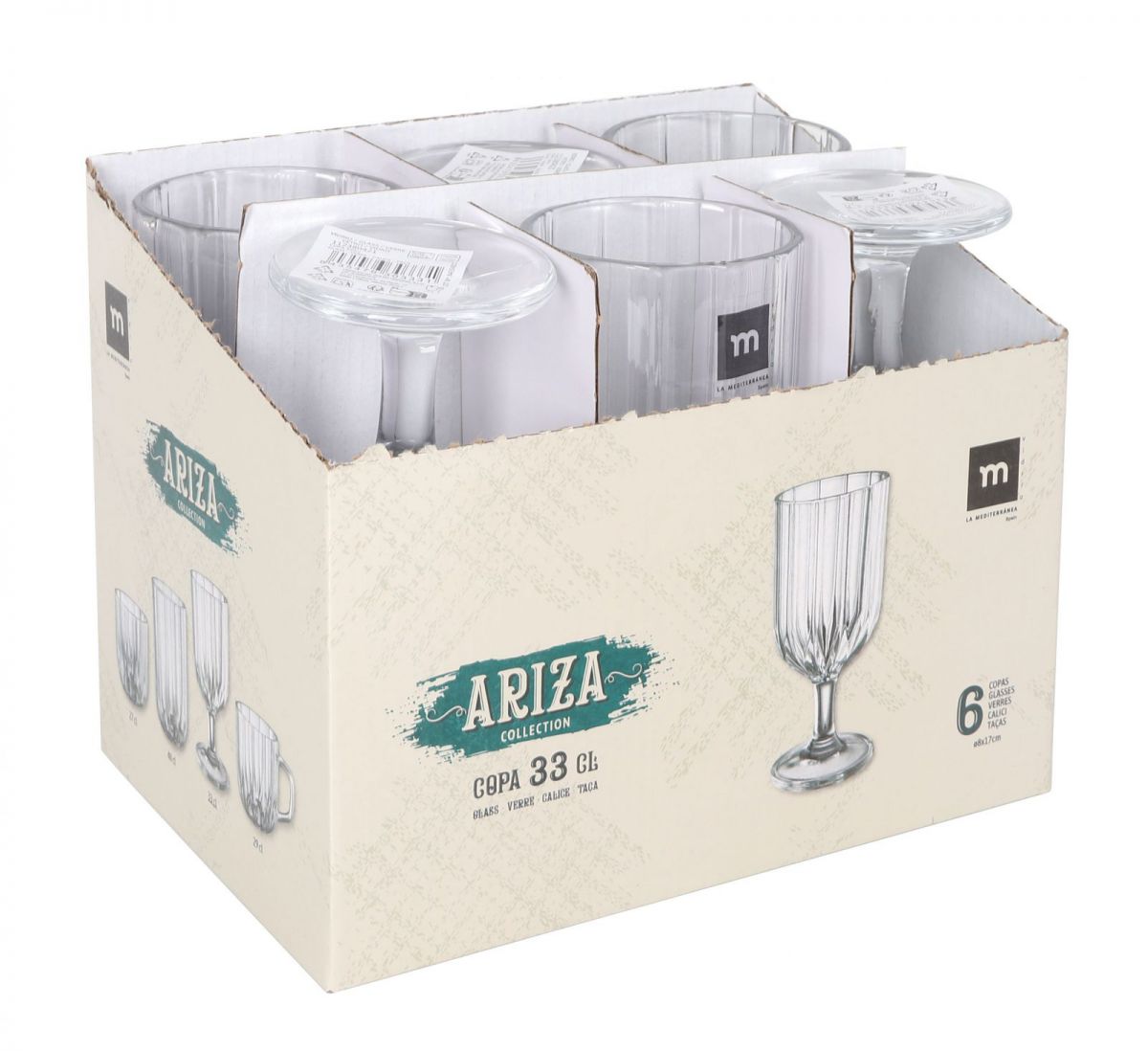 Set of six Ariza Clear 330ml striped wine glasses in retail box