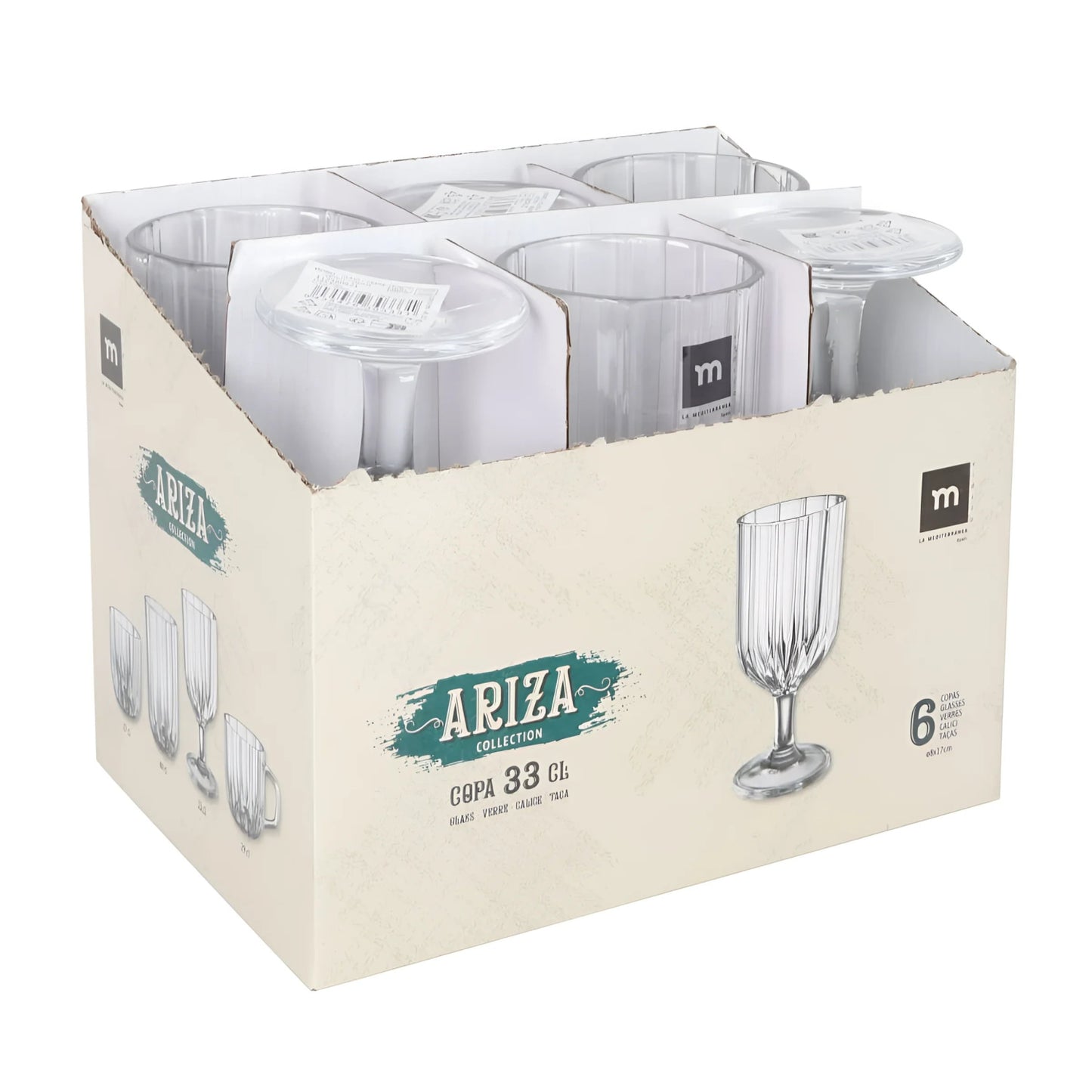 Set of six Ariza Clear 330ml striped wine glasses in retail box
