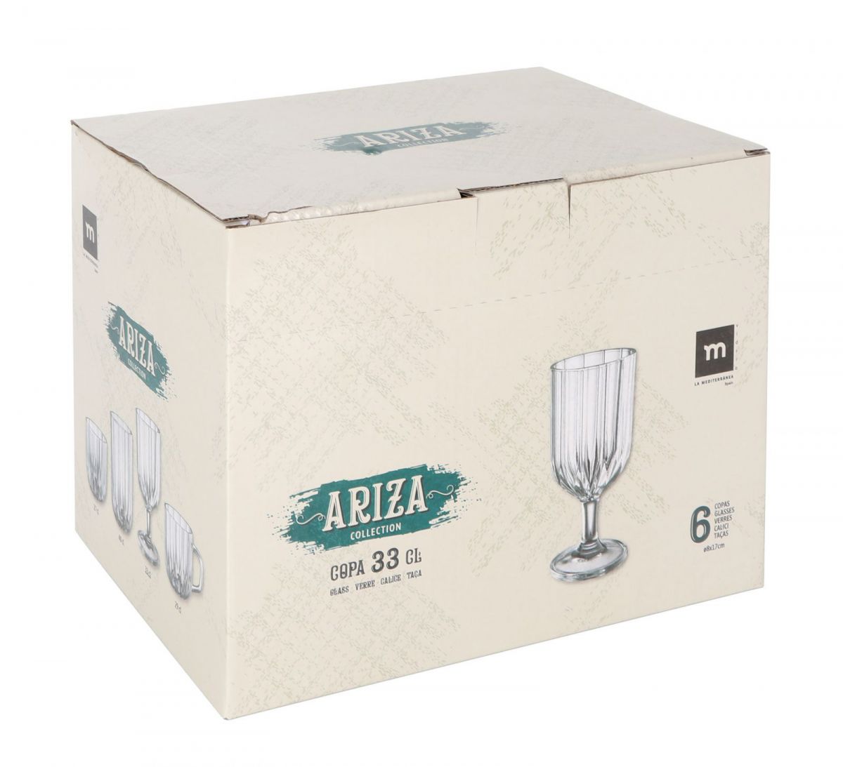 Cardboard box with six Ariza Collection 33 cl striped stemmed wine glasses
