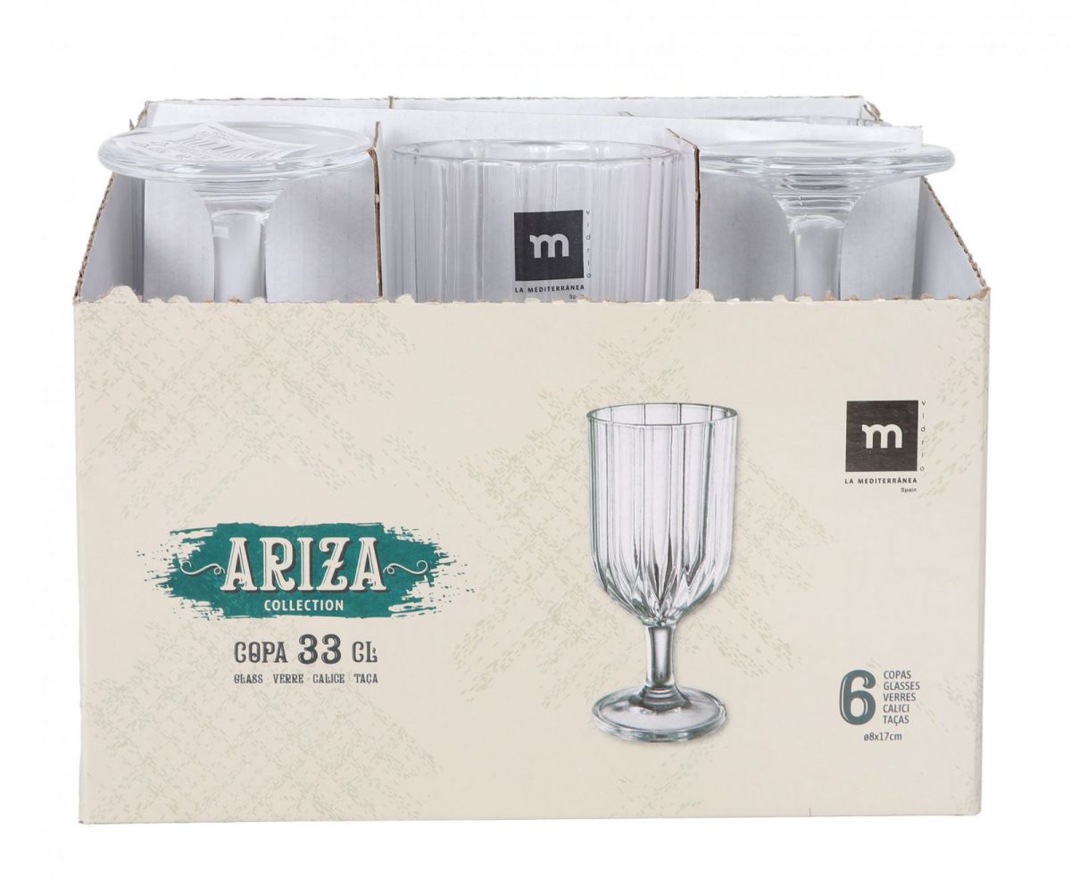 Carton of six Ariza Clear 330ml wine glasses with ribbed design and stems