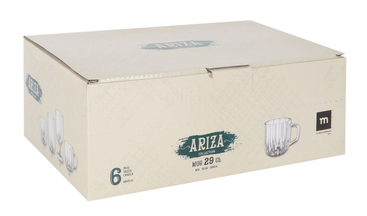 Ariza 290ml clear mug beige box with teal logo and glassware illustration