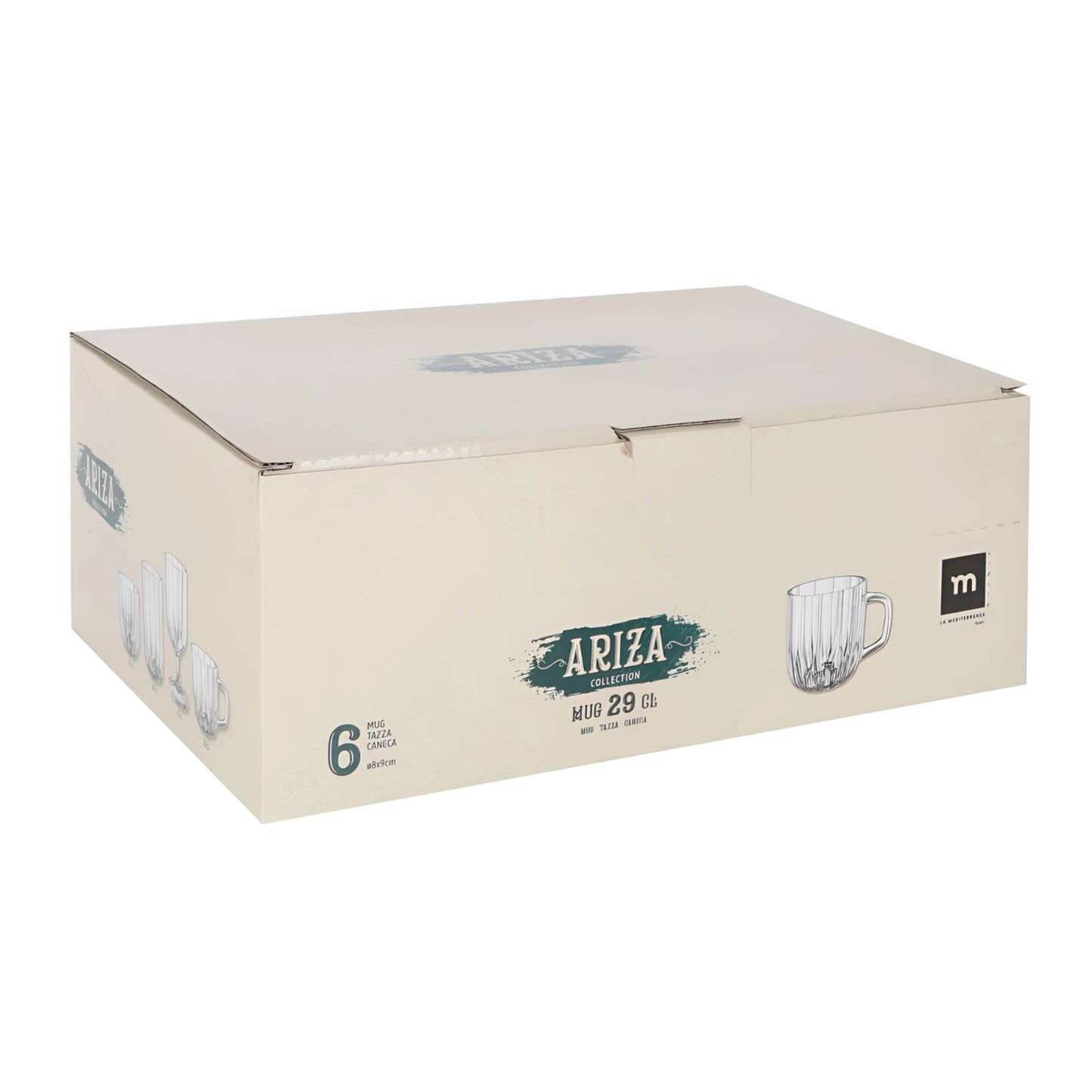 Ariza 290ml clear mug beige box with teal logo and glassware illustration