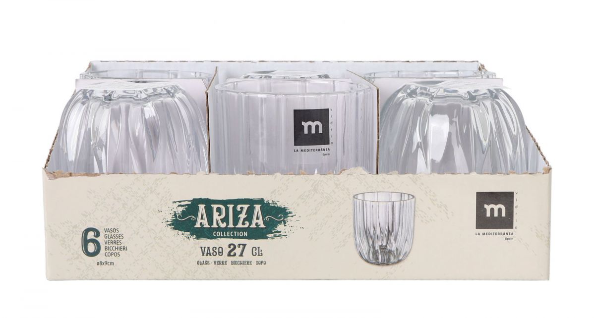 Carton of six Ariza Clear drinking glass tumblers 270ml on white background