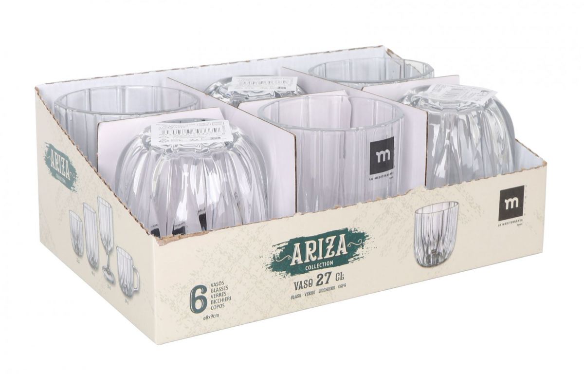 Set of six Ariza Clear drinking glass tumblers with ribbed design in retail display box