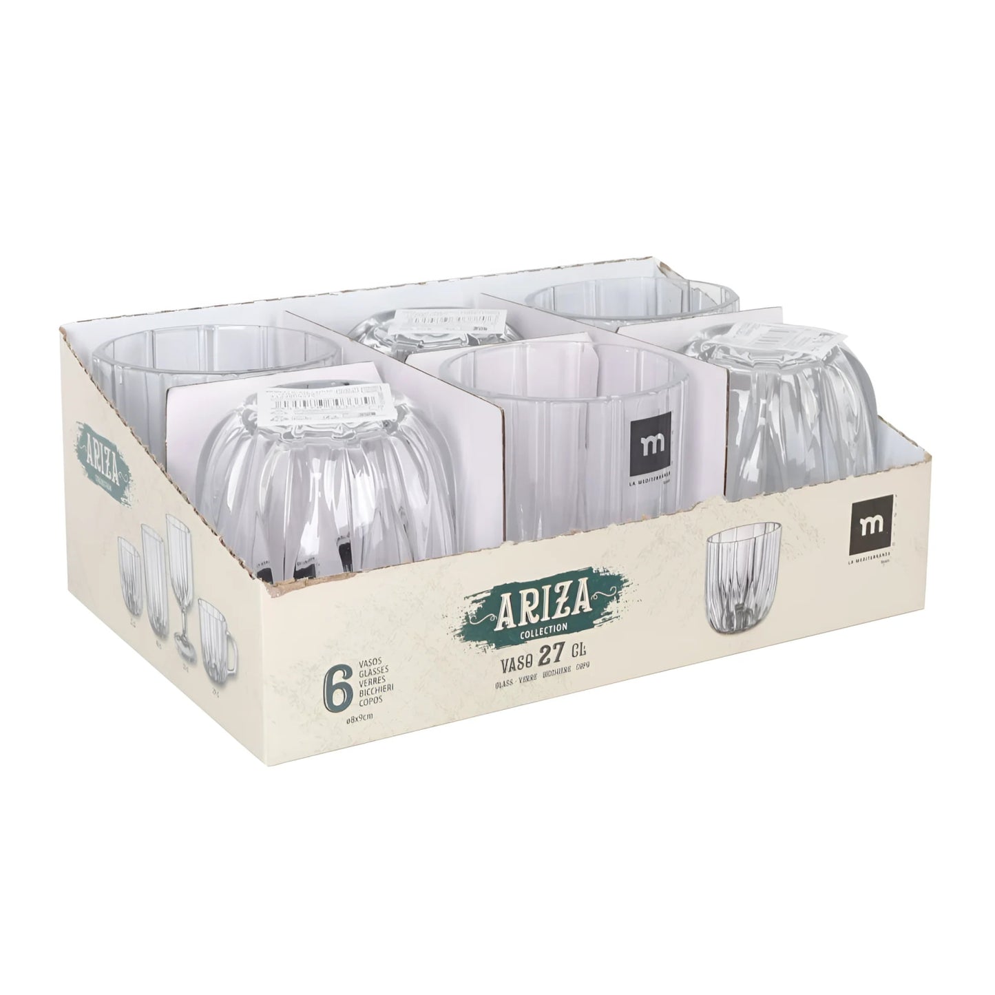 Set of six Ariza Clear drinking glass tumblers with ribbed design in retail display box