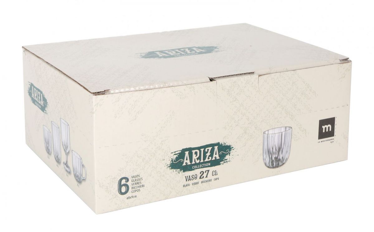 Cardboard box with six textured Ariza Clear drinking glass tumblers 270ml capacity