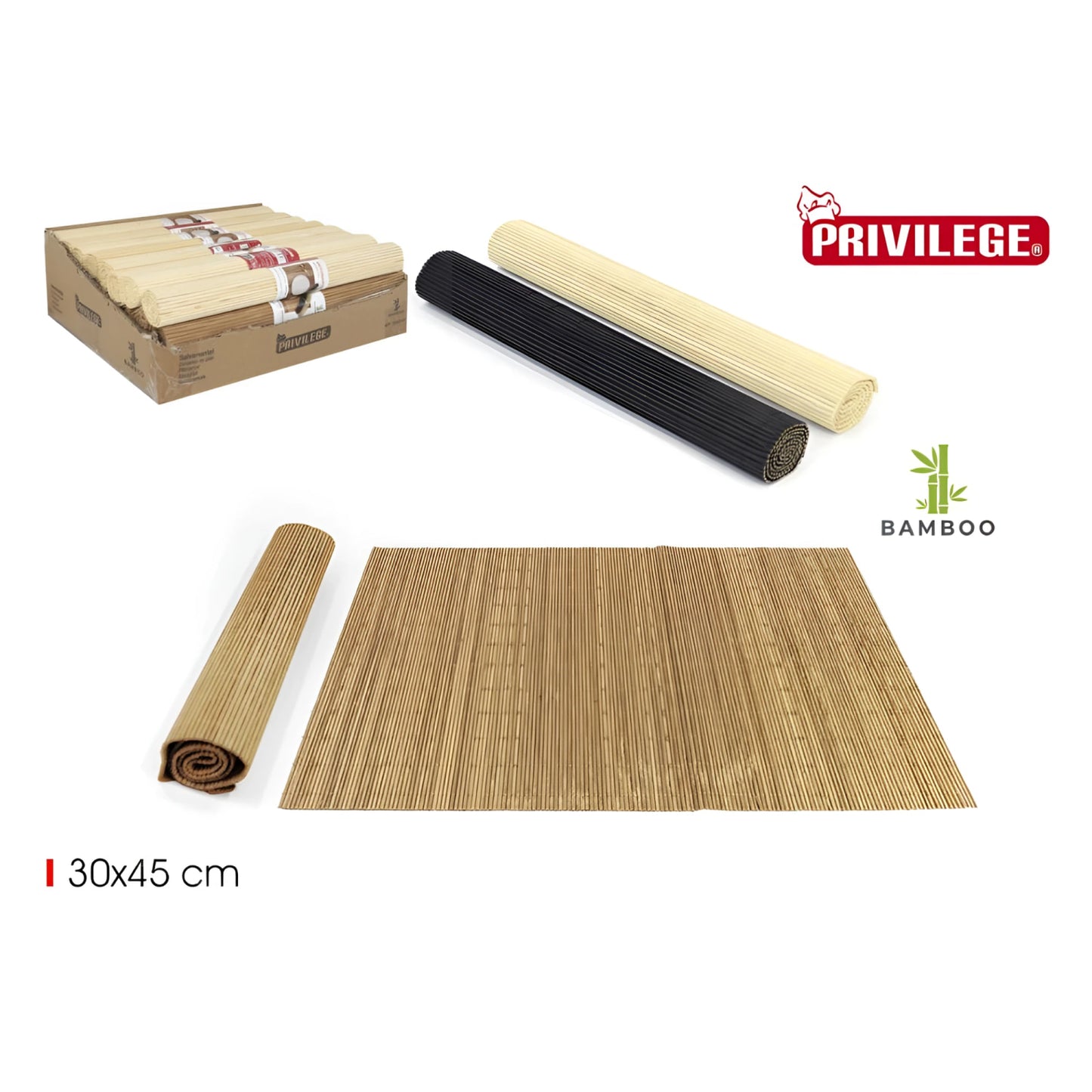 Bamboo Placemats 30x45cm Black in rolled, flat, and boxed forms for stylish table setting