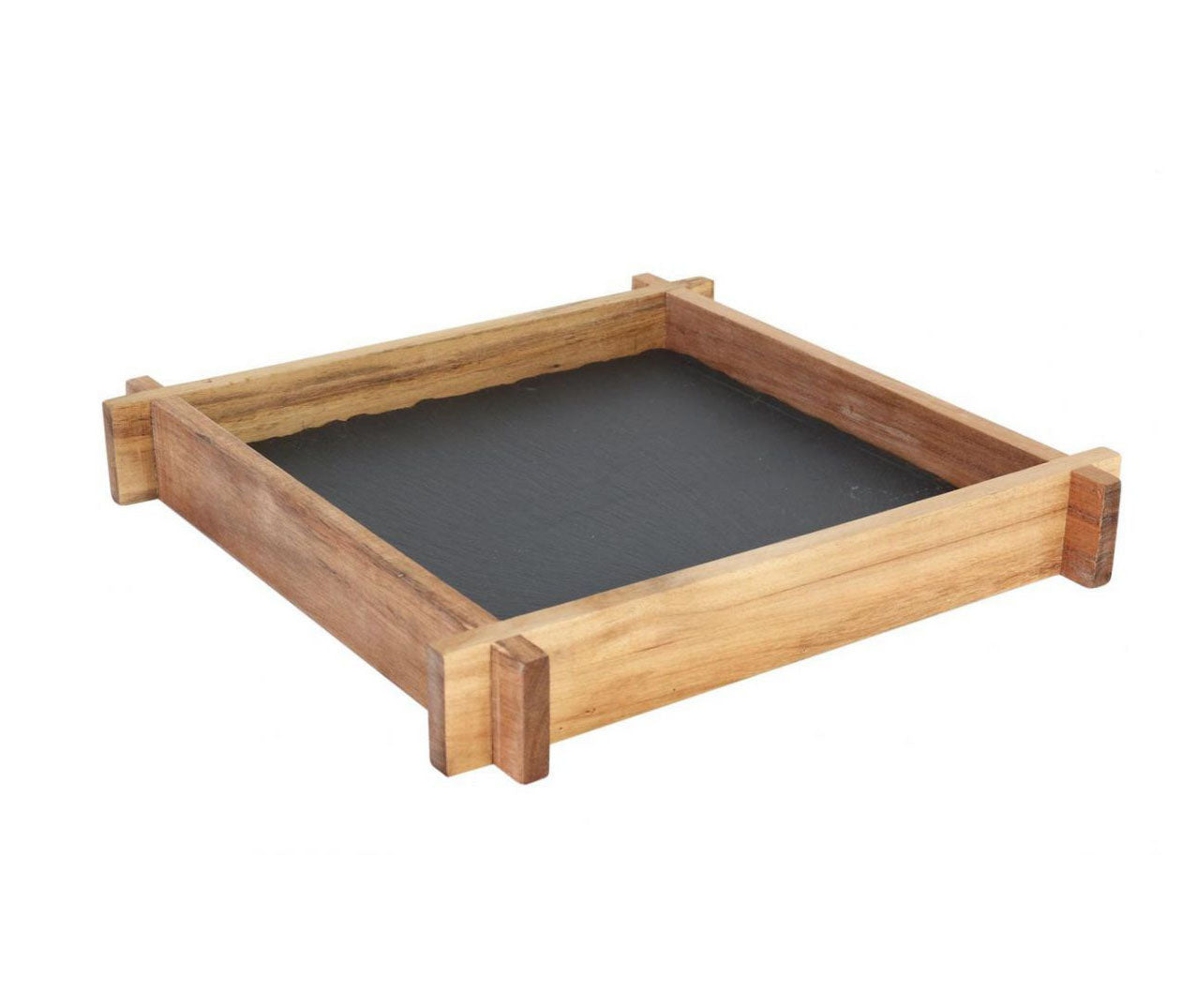 Wooden chalkboard tray with black surface for outdoor tapas presentation