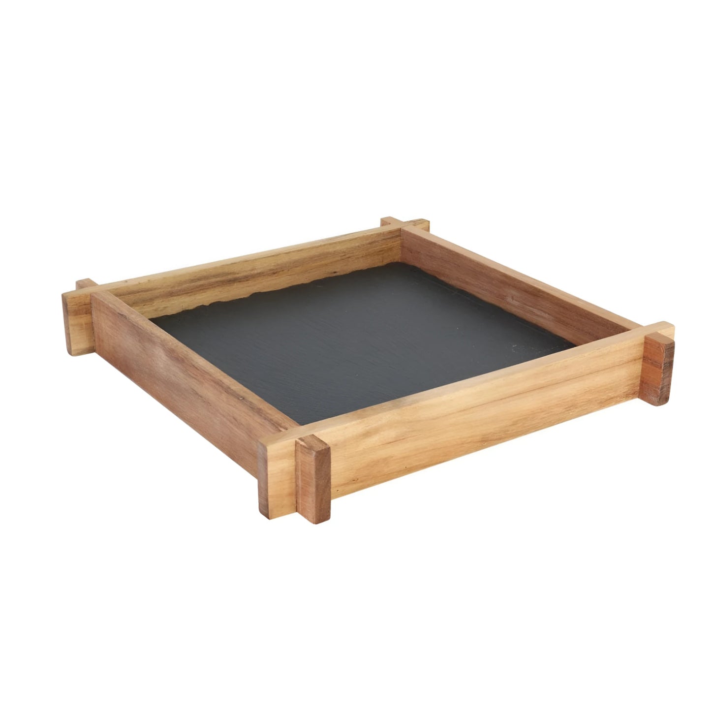 Wooden chalkboard tray with black surface for outdoor tapas presentation