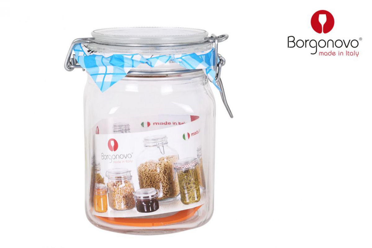 Borgonovo Primizie 750ml clip top glass storage jar with clamp lid, checkered fabric, and label