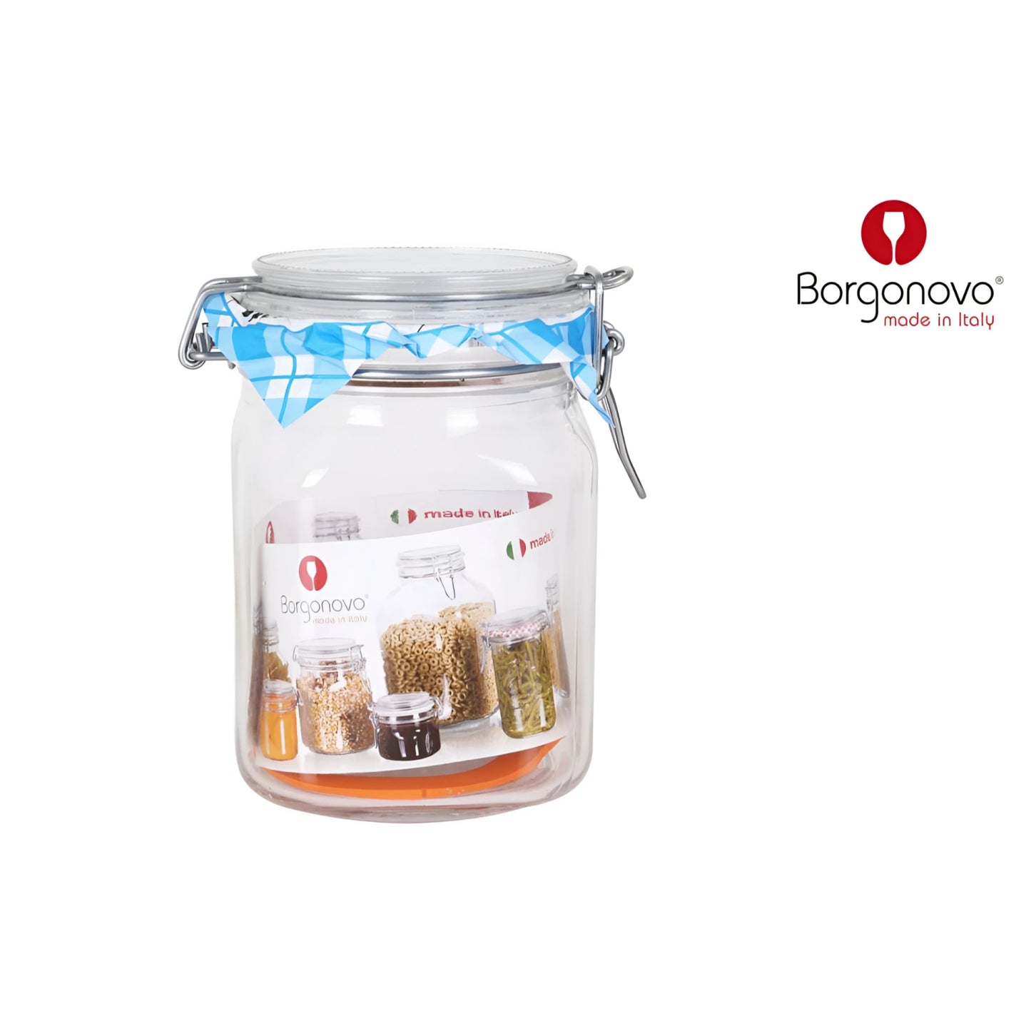 Borgonovo Primizie 750ml clip top glass storage jar with clamp lid, checkered fabric, and label