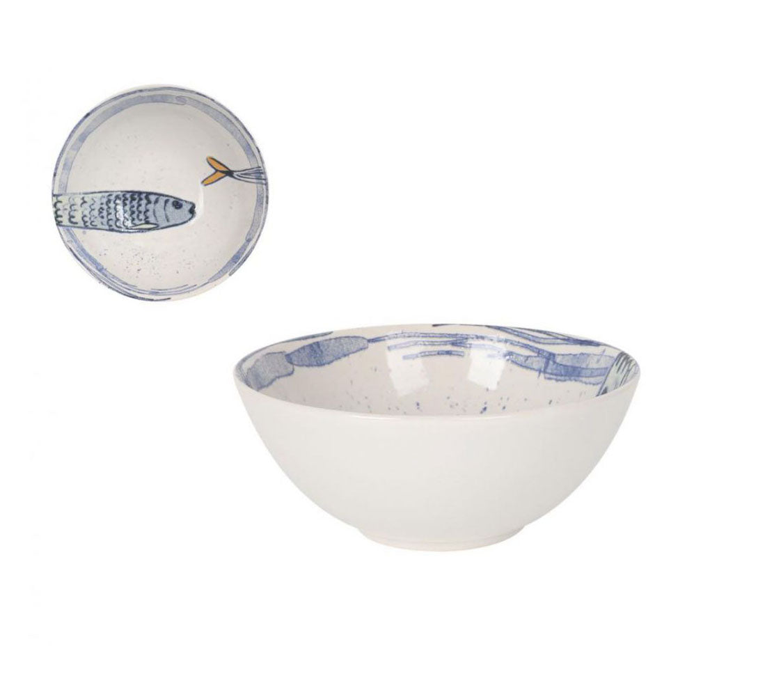 White and blue ceramic fish design bowl, Catch of the Day 16cm