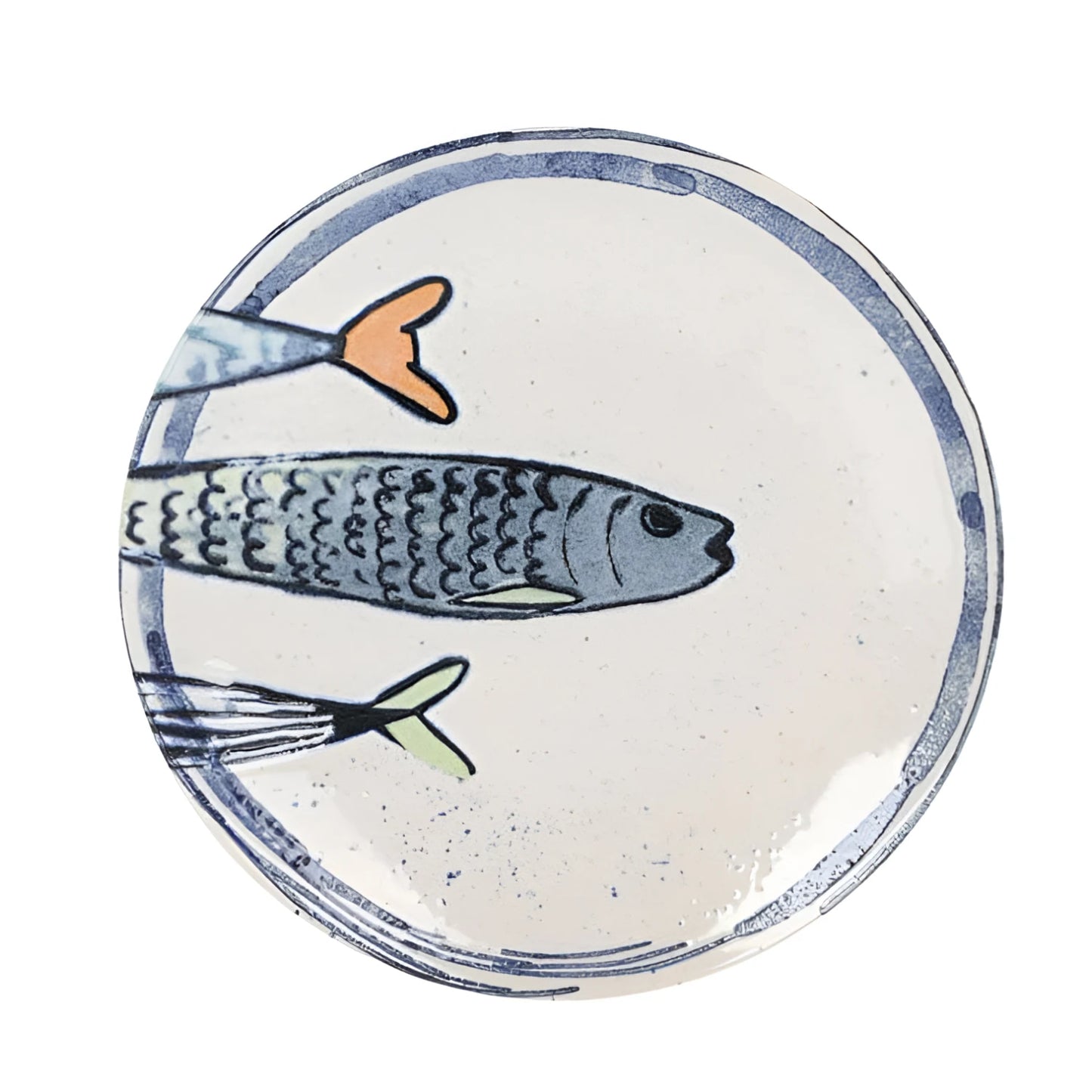 Handmade Catch of the Day Iberica ceramic fish dessert plate, 20cm irregular shape with blue and orange accents