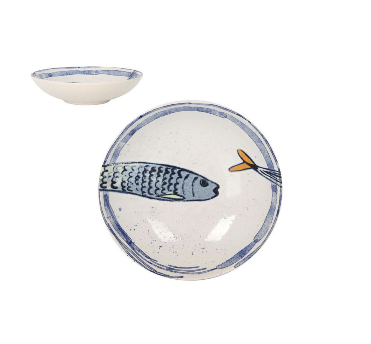 Blue and white ceramic leaping fish pasta bowl, 21cm Peixe stoneware