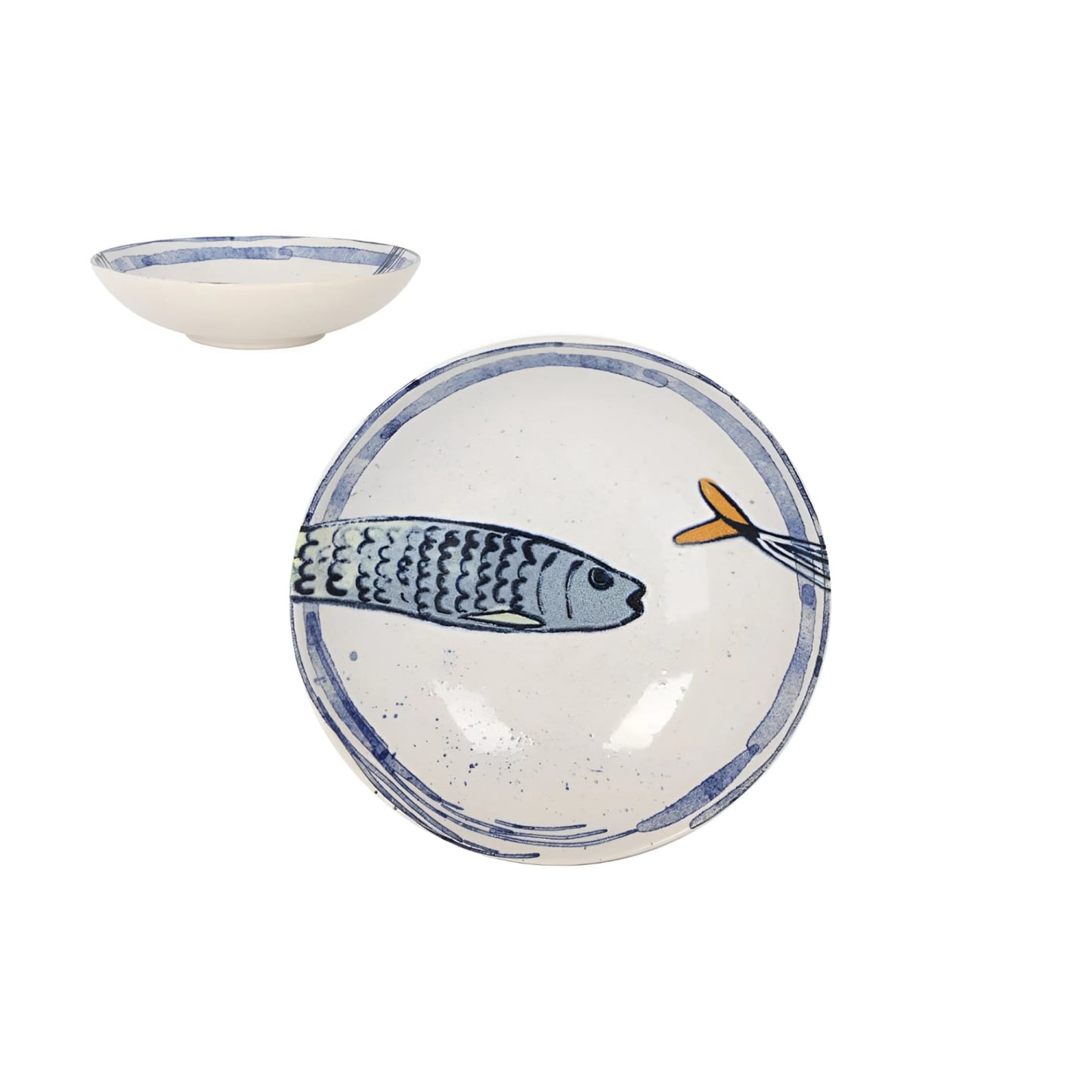 Blue and white ceramic leaping fish pasta bowl, 21cm Peixe stoneware