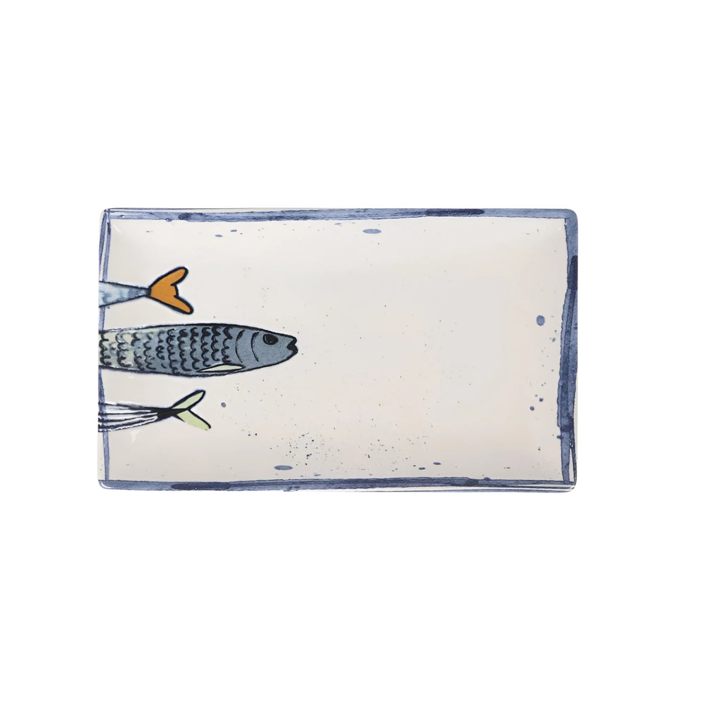 Blue fish ceramic soap dish with orange fins, 25x15cm