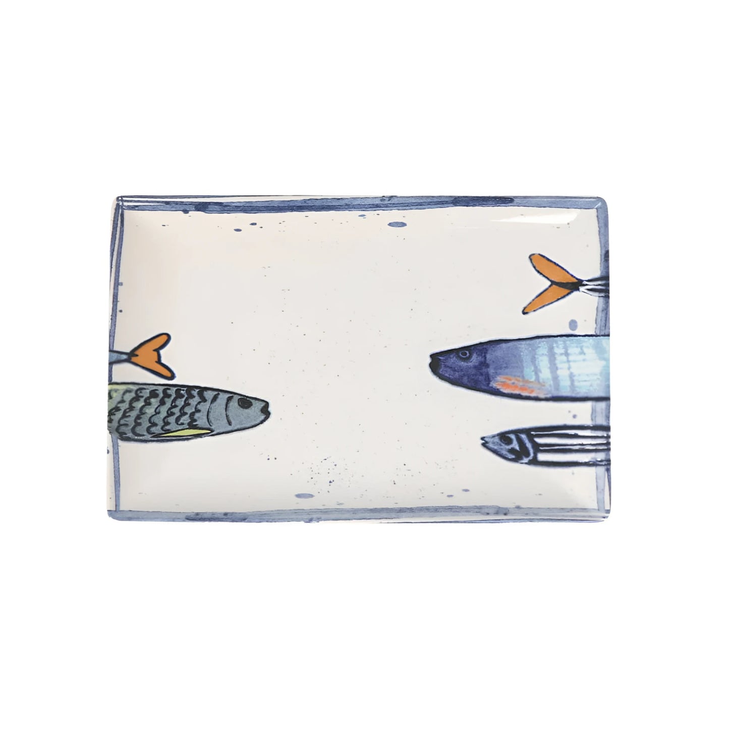 Blue and orange fish design on white rectangular ceramic dinner plate, 30x20cm Peixe