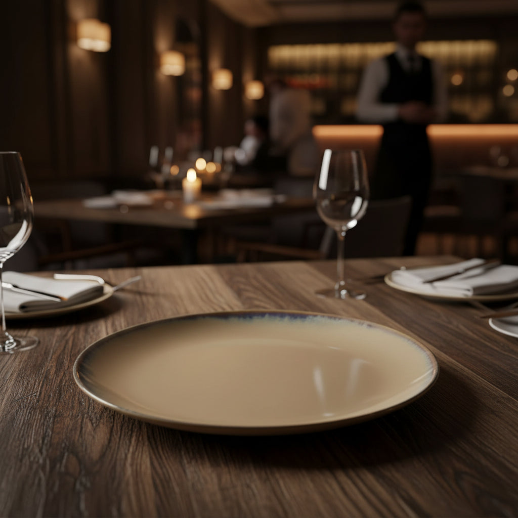 A round, glossy ceramic plate or dish in a warm beige/taupe color, featuring a subtle blue and brown glazed edge, shown against a plain white background.