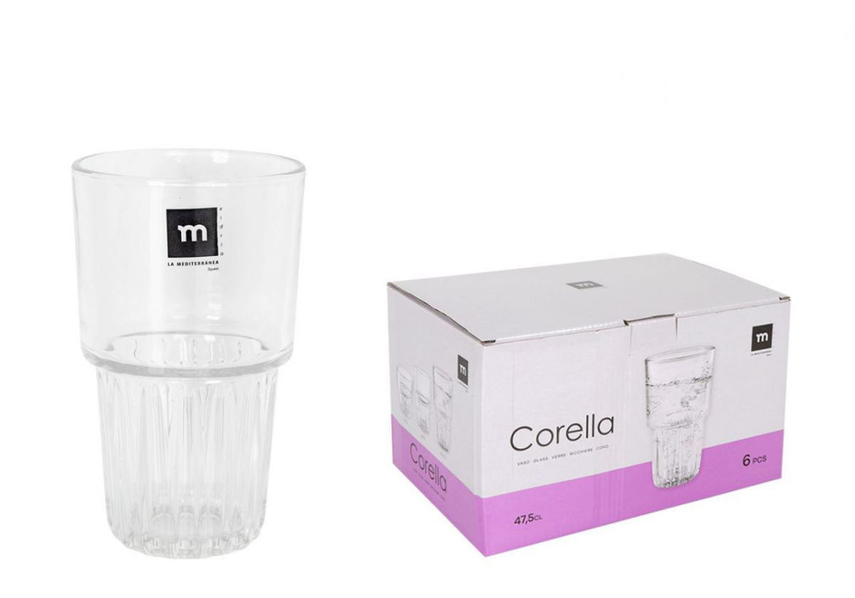 Corella Highball Drinking Glasses 475ml set with one labeled tumbler and box of six