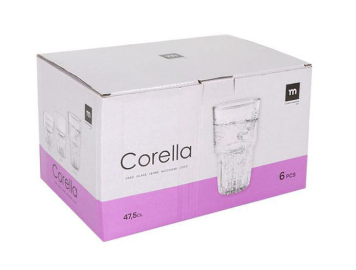 White cardboard box with six Corella Highball drinking glasses 475ml inside
