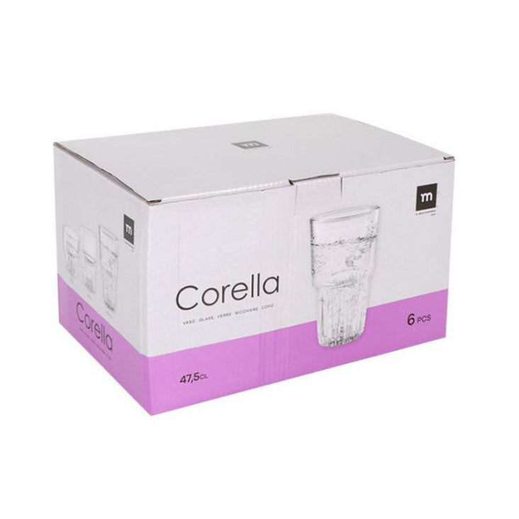 White cardboard box with six Corella Highball drinking glasses 475ml inside