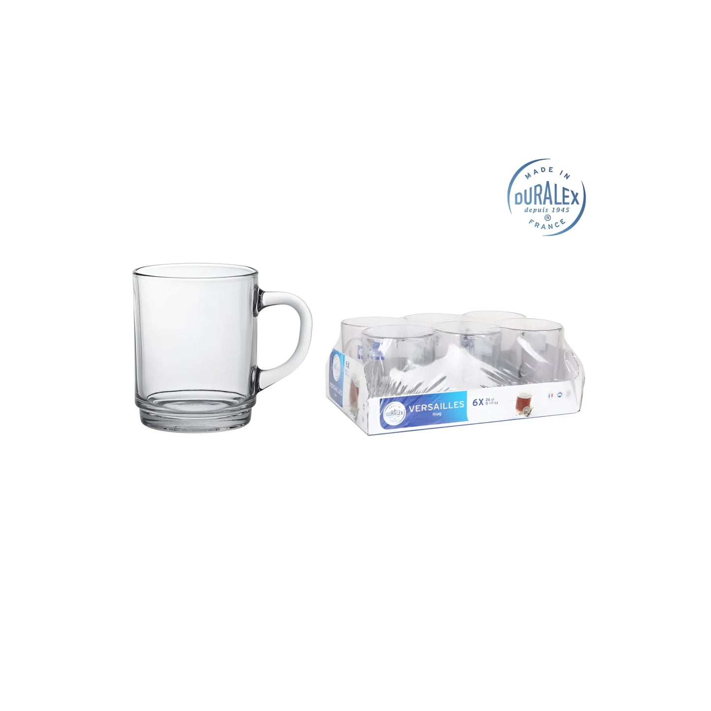 6x Duralex clear Stackable coffee tea mugs 260ml Versailles