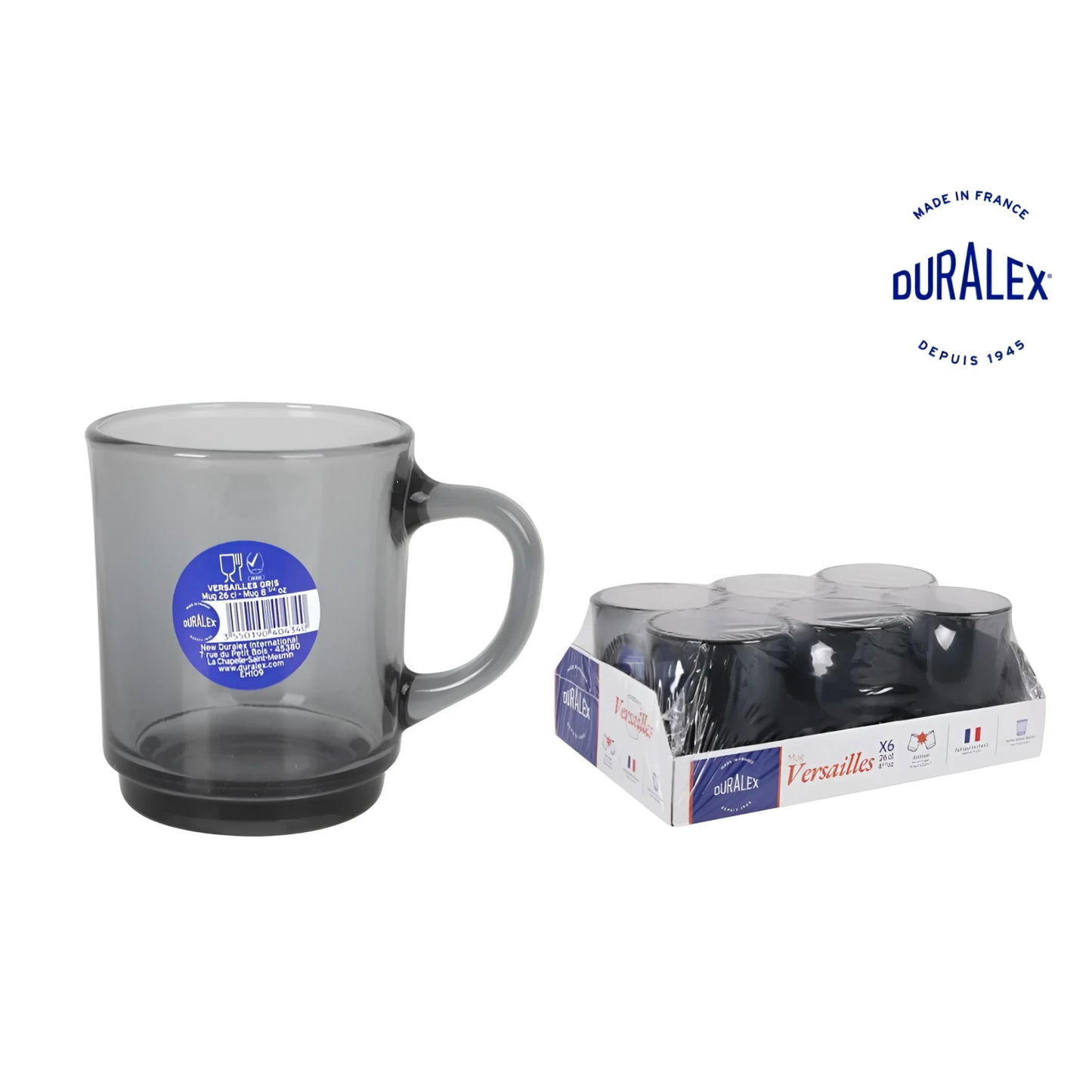 Duralex Grey smoke Stackable coffee tea mugs 260ml Versailles