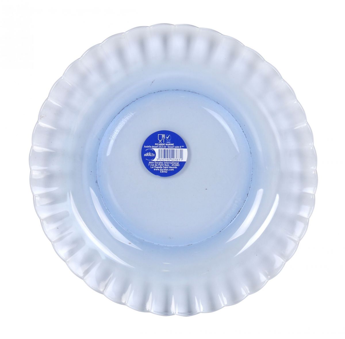 Light blue ruffled glass serving plate from Duralex Picardie Marine dessert collection
