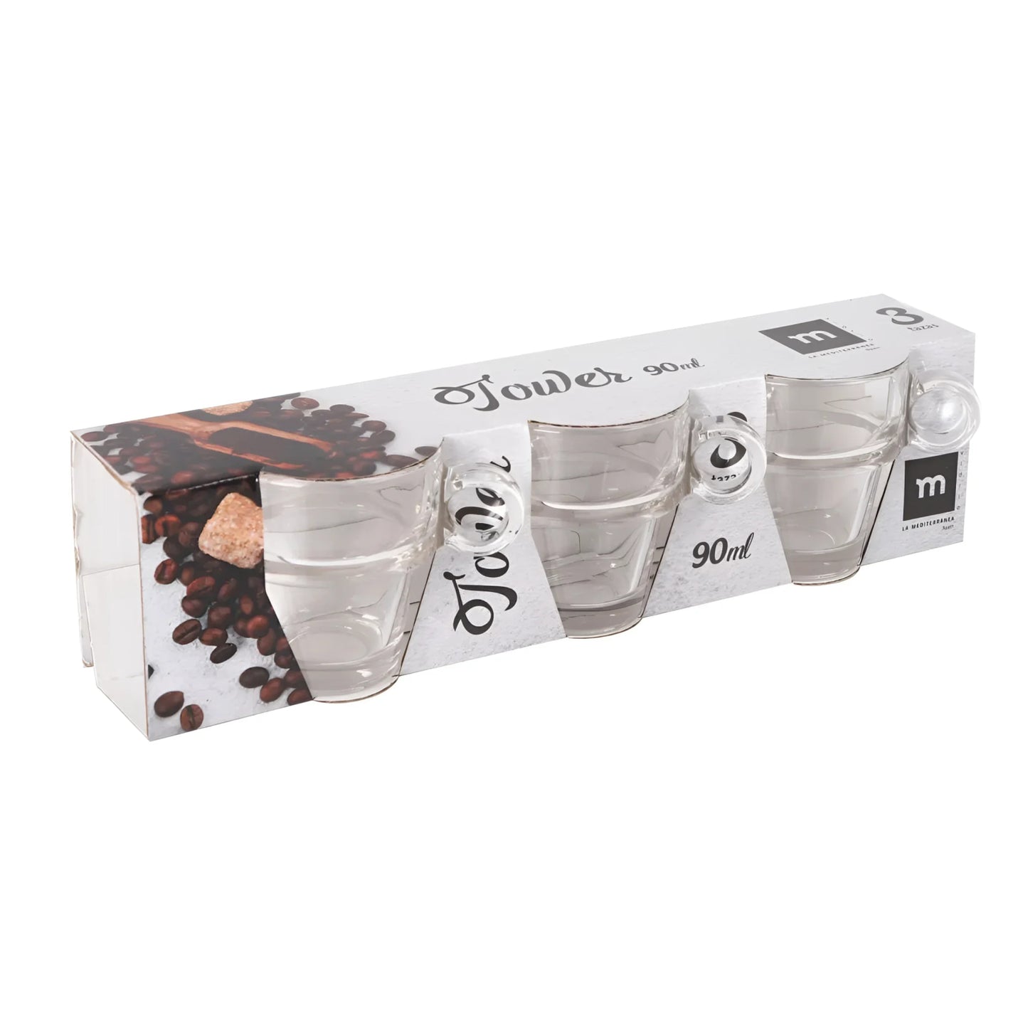 Espresso coffee glasses cups Handle 90ml Tower -Pack of 3- Stackable